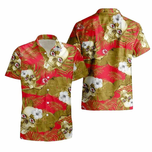 Kansas City Chiefs Graphic Printed Unisex Skull & Flowers Hawaiian Shirt - Moonbestprint