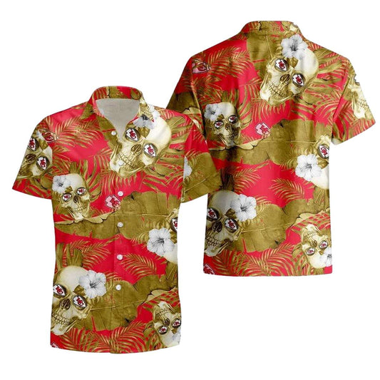 Kansas City Chiefs Graphic Printed Unisex Skull & Flowers Hawaiian Shirt - Moonbestprint
