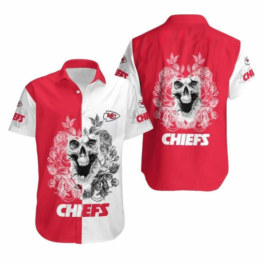Kansas City Chiefs Graphic Hawaiian Shirt With Skull & Palm Leaves Unisex - Moonbestprint