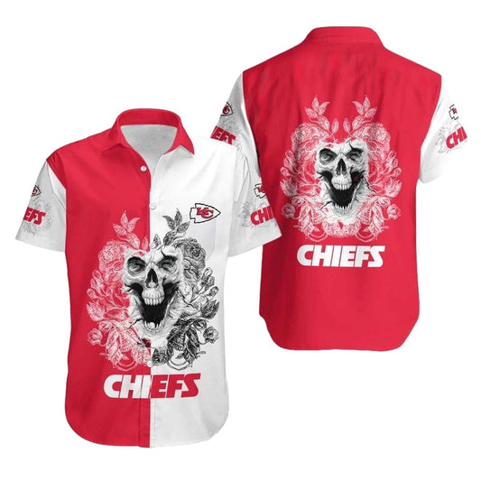 Kansas City Chiefs Graphic Hawaiian Shirt With Skull & Palm Leaves Unisex - Moonbestprint