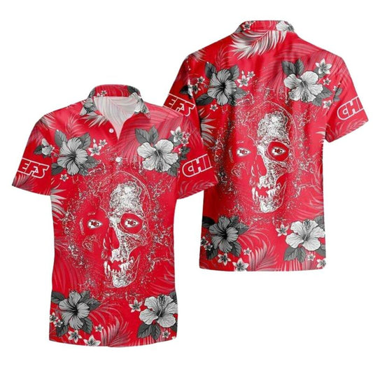 Kansas City Chiefs Skull Graphic Red Tropical Hibiscus Hawaiian Shirt - Moonbestprint