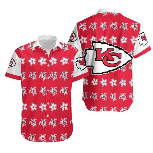 Kansas City Chiefs Red Hawaiian Shirt With Turtle & Flower Graphic Unisex - Moonbestprint