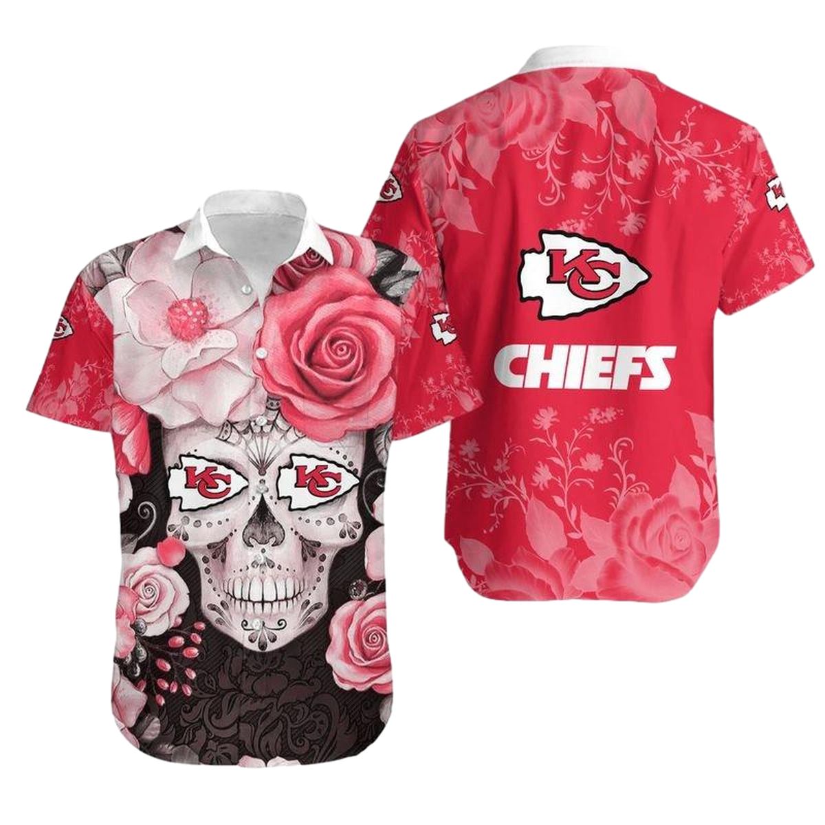 Kansas City Chiefs Skull Rose Graphic Hawaiian Shirt Unisex Aloha Tee - Moonbestprint