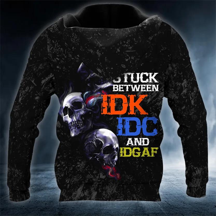 Stuck Between IDK IDC IDGAF Skull 3D All Over Print Hoodie -Moonbestprint
