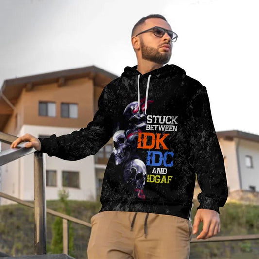 Stuck Between IDK IDC IDGAF Skull 3D All Over Print Hoodie -Moonbestprint