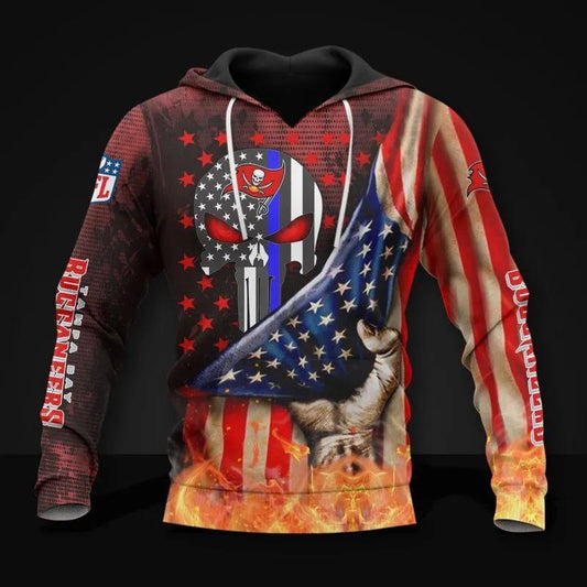 Tampa Bay Buccaneers American Flag Skull NFL 3D All Over Print Hoodie -Moonbestprint