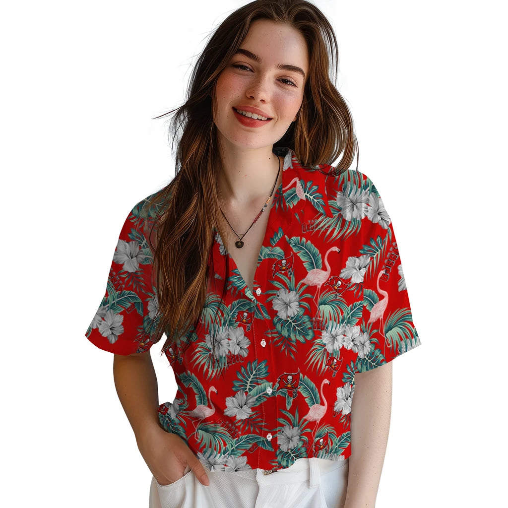 Tampa Bay Buccaneers Hawaiian Shirt - Flamingo and Hibiscus | Moonbestprint