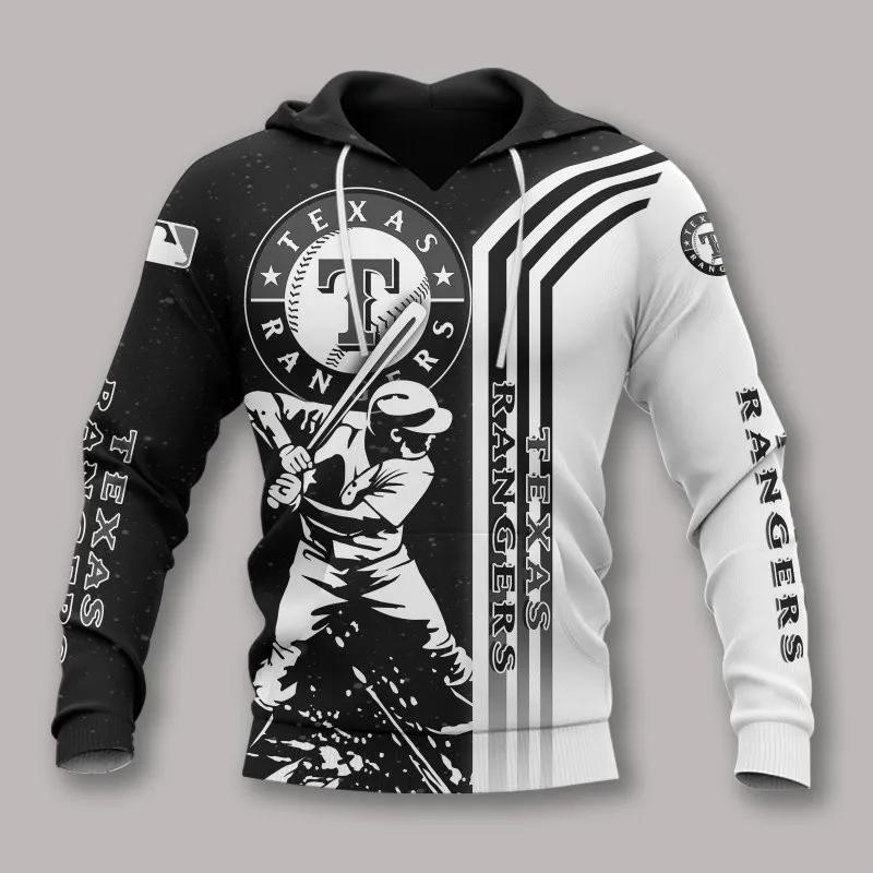 Texas Rangers Black And White MLB All Over Print Hoodie -Moonbestprint
