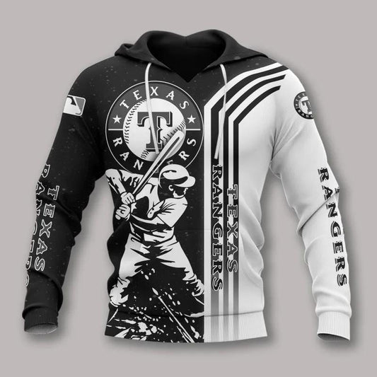 Texas Rangers Black And White MLB All Over Print Hoodie -Moonbestprint