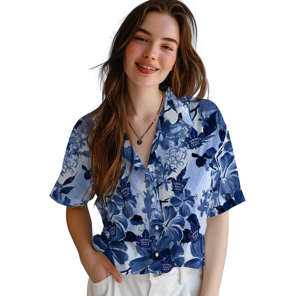 Toronto Maple Leafs Hawaiian Shirt - Hibiscus Arrangement | Moonbestprint