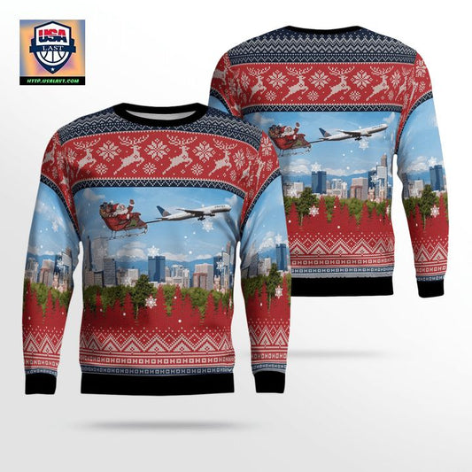 United Airlines Boeing 777-322ER With Santa over Denver Christmas AOP Sweater ? Usalast