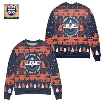 United States Navy Top Gun Pine Tree Pattern Ugly Christmas Sweater ? Orange Navy ? Usalast