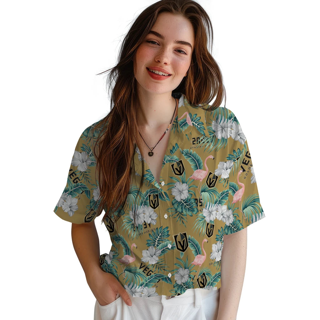 Vegas Golden Knights Hawaiian Shirt - Flamingo and Hibiscus | Moonbestprint