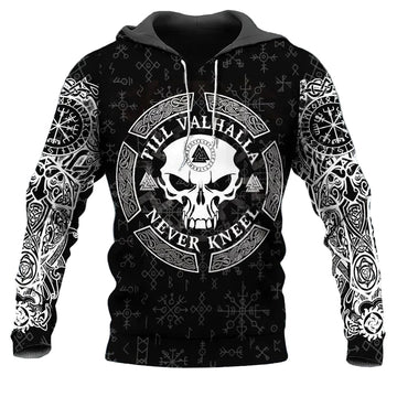 Viking Till Valhalla Never Kneel Tattoo 3D All Over Print Hoodie -Moonbestprint