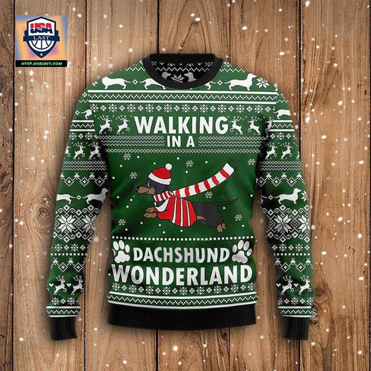 Walking In A Dachshund Wonderland Sweater Green Ugly Christmas Sweater Weiner Dog Gifts ? Usalast
