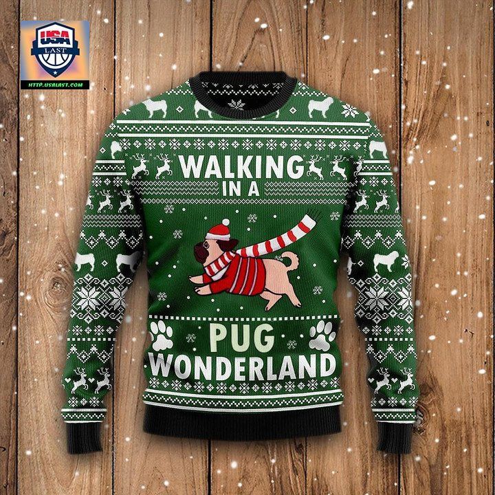 Walking In A Pug Wonderland Graphic Crewneck Sweater Green Ugly Christmas Tee For Men Women ? Usalast