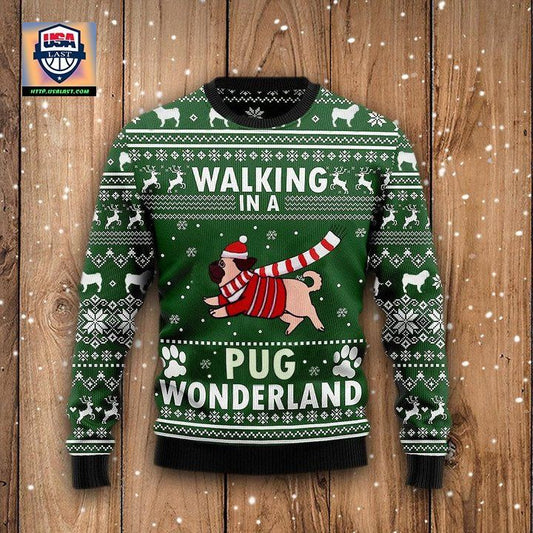 Walking In A Pug Wonderland Graphic Crewneck Sweater Green Ugly Christmas Tee For Men Women ? Usalast