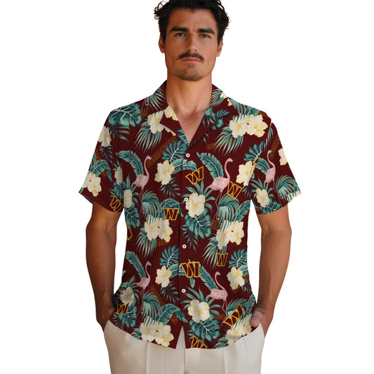 Washington Commanders Hawaiian Shirt - Flamingo and Hibiscus | Moonbestprint