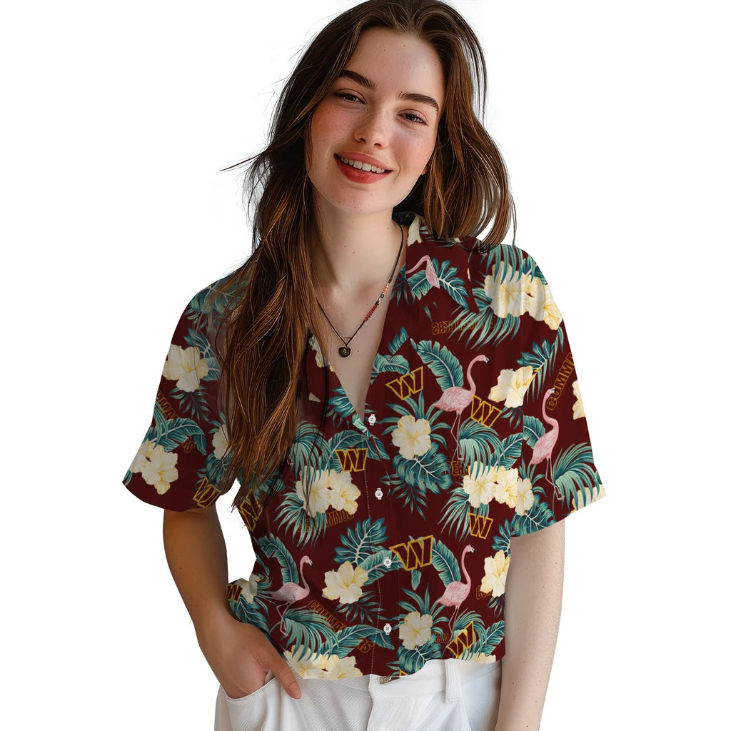 Washington Commanders Hawaiian Shirt - Flamingo and Hibiscus | Moonbestprint