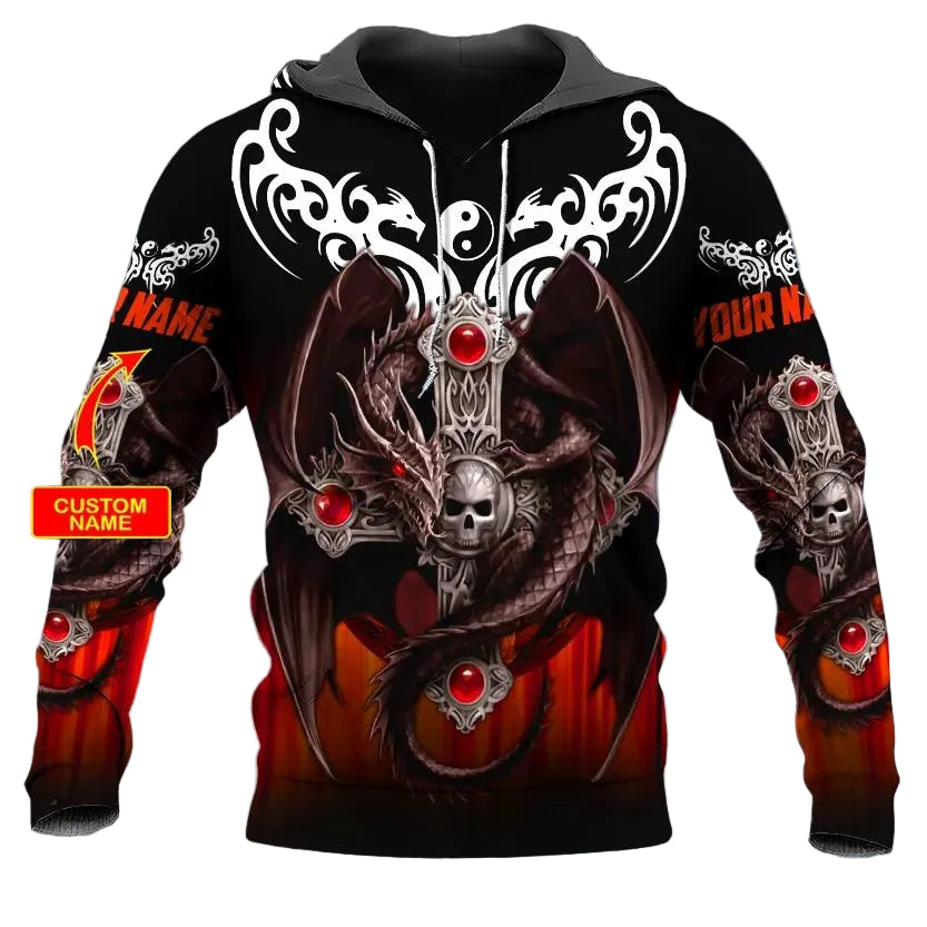 Yinyang Winged Dragon Cross Skull Custom 3D All Over Print Hoodie -Moonbestprint