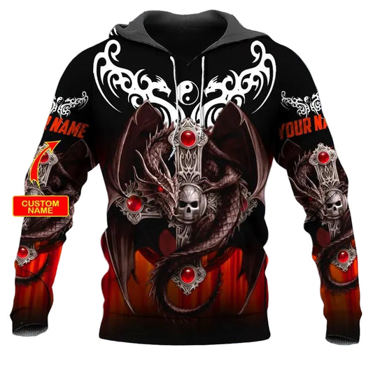 Yinyang Winged Dragon Cross Skull Custom 3D All Over Print Hoodie -Moonbestprint
