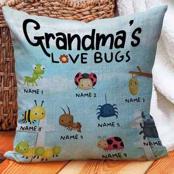 Throw Pillow - Personalized Grandmas Love Bugs Pillow - Siblingslove